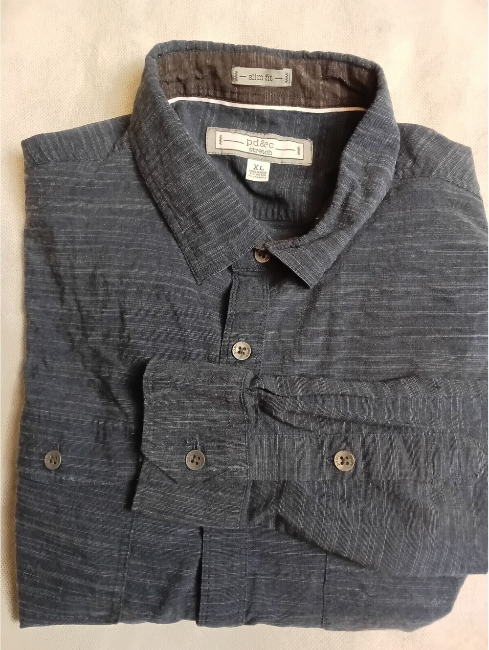 PD&C Stretch Button-Up Shirt Slim Fit XL Navy Cotton Blend